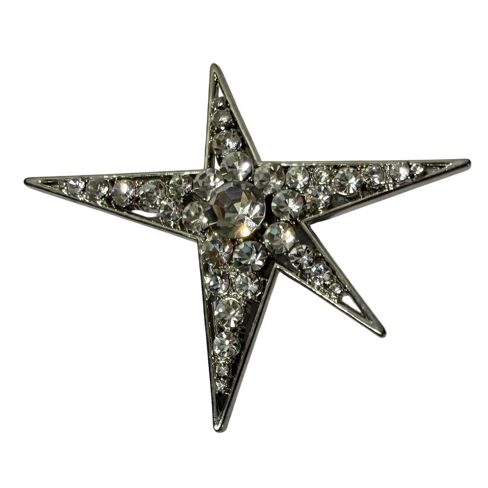 Vintage Large Silver Tone Clear Rhinestone Starburst Brooch Pin Celestial Star